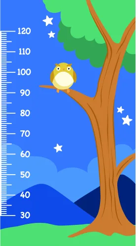 A height chart showing a brown tree with an owl sitting on its trunk against a bright blue sky with white stars and green foliage, with measurement markings from 30 to 120 centimetres along the left edge.