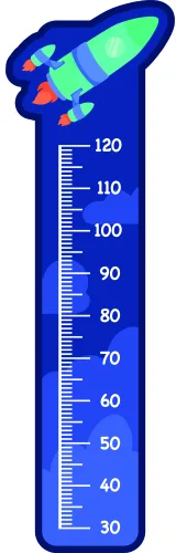 A colourful cartoon rocket with red, green, and yellow panels launches upward past a blue height measurement chart marked from 30 to 120 centimetres.