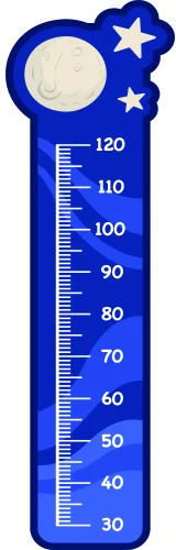 A tall blue height chart featuring a crescent moon at the top and white stars scattered across its surface, with numerical measurements from 30 to 120 centimetres marked along a central white scale.