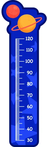 A blue height chart featuring illustrated planets and celestial bodies against a navy background, with measurement markings from 30 to 120 centimetres.