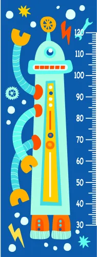 A colourful illustration of a yellow and orange rocket ship with a blue cabin, surrounded by stars and planets against a deep blue background, with measurement markings running vertically along the rocket's body.