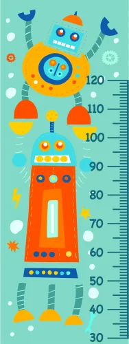 A height chart featuring a stacked tower of four cartoon robots in bright colours with geometric features, marked with measurements from 30 to 120 centimetres against a teal background.