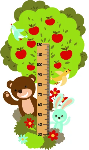 An illustrated height chart showing a smiling brown bear and cyan rabbit beside a bright green apple tree laden with red apples, with numbered measurement markings from 30 to 120 centimetres.