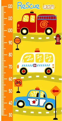 A height chart showing a red fire truck, white ambulance and blue police car on a yellow background with traffic signs and a numbered scale from 30 to 120 centimetres.