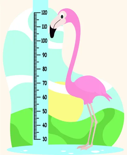 A bright pink flamingo stands next to a numbered height measurement scale from 30 to 120, set against a landscape of yellow, green and aqua shapes.