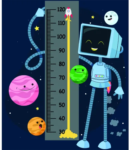 A height chart illustration showing a smiling robot with a screen face, surrounded by happy cartoon planets in shades of pink, orange and green against a dark blue starry background, with measurement numbers from 30 to 120 centimetres.