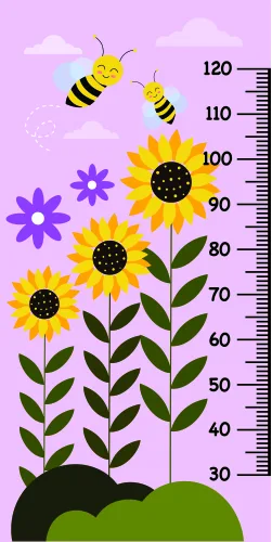 A colourful height chart illustration showing three yellow sunflowers with dark centres, two striped bees flying above them, purple flowers, green leaves and stems, and numbered measurements from 30 to 120 centimetres against a light purple background.