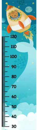 A height chart from 30 to 120 centimetres features an orange and white rocket ship launching upward through layers of white clouds against a teal sky scattered with gold stars and a moon.