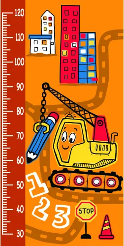 A cartoon height chart showing a smiling yellow excavator with a bucket raised, surrounded by colourful apartment buildings, a stop sign, traffic cones and numbered measurement markers from 30 to 120 centimetres.