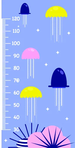 A height chart featuring blue, yellow, and pink jellyfish with trailing tentacles positioned at different heights against a blue background with white measurement markings and small white sparkles.