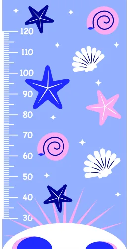 A pastel blue height chart decorated with navy and pink starfish, white seashells, and spiral shells, marked with measurements from 30 to 120 centimetres.