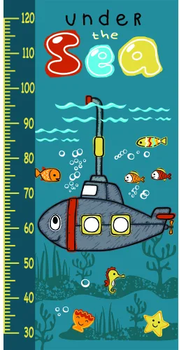 A height chart illustration featuring a red and grey submarine surrounded by cartoon fish, starfish, and sea plants on a teal background with measurement markings from 30 to 120 centimetres.