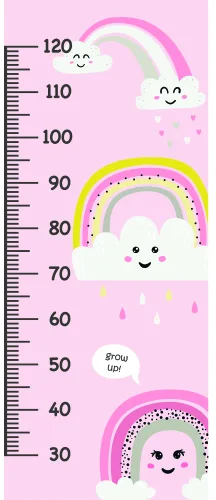 A colourful height chart with illustrated rainbows and clouds, each with simple smiling faces, decorated with rain drops and stars on a pink background with measurement markings.