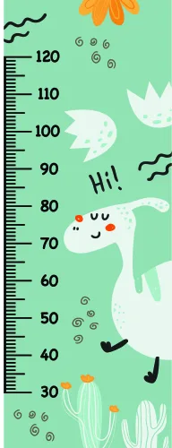 A white cartoon bunny with a happy expression stands against a mint green background with a height measurement scale marked from 30 to 120 centimetres, surrounded by illustrated cacti, clouds and simple nature details.