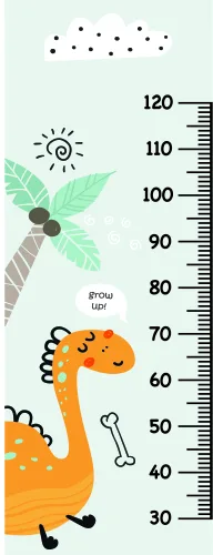 A height measurement chart showing an orange giraffe standing beside a green palm tree with measurement markings from 30 to 120 centimetres.