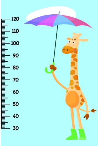 Illustration of a tall giraffe holding a multicoloured striped umbrella, with a height measurement scale from 30 to 120 centimetres on the left side.