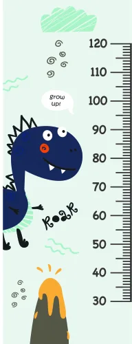 A cartoon height chart featuring a navy blue monster with spiky hair and a friendly face, with a small orange volcano at the bottom and measurement markings up the side.