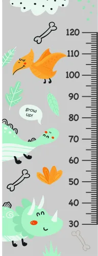 A height measurement chart featuring cartoon animals including a bird, fox, and hedgehog alongside bones, flowers, and leaves on a grey background with measurement scale from 60 to 120 centimetres.
