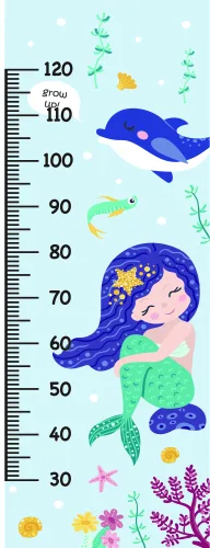 A height chart from 30 to 120 cm featuring an illustrated mermaid with flowing purple hair resting against a large whale, surrounded by tropical fish, starfish and coral in pastel blues and greens.