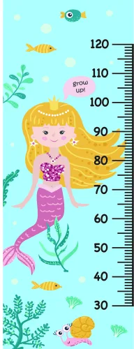 A height chart featuring an illustrated blonde mermaid with a pink tail, surrounded by colourful fish, starfish, and seaweed against a pale blue background with measurement markings from 30 to 120 centimetres.