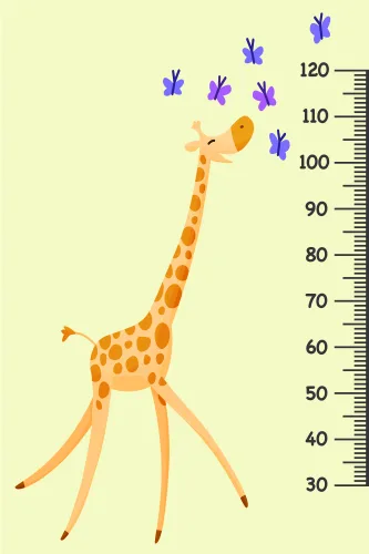 A cream-coloured height chart featuring a tall orange giraffe with spots reaching upward toward purple flowers, with a measurement scale along the right edge.