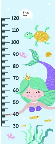 A smiling mermaid with long green hair floats among coral and small fish next to a numbered height measurement scale from 30 to 120 centimetres.