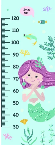 A height chart featuring an illustrated mermaid with long purple hair, surrounded by coloured fish, coral, and seaweed against a pale blue background, with measurement markings from 30 to 120 centimetres.