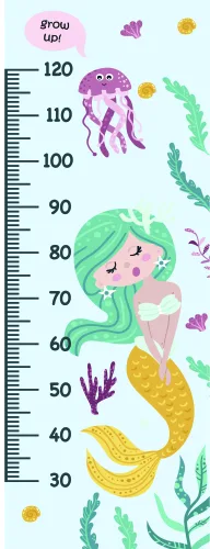 A colourful illustrated height chart featuring a pink-haired mermaid with a yellow tail, surrounded by purple jellyfish and green seaweed, with measurement markings from 30 to 120 centimetres.