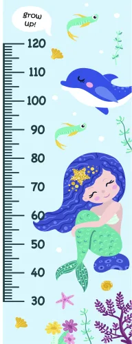 A height chart illustration showing a mermaid with long blue hair, fish, starfish, seaweed and coral against a pale blue background with measurement markings from 30 to 120 centimetres.
