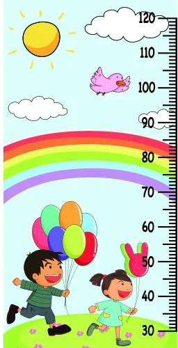 A cartoon-style height chart featuring two children holding colourful balloons, a sun, clouds, an aircraft, and a rainbow, with numbered measurements from 30 to 120 centimetres along the right edge.