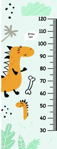 A tall orange dinosaur with spikes stands beside a measurement scale from 30 to 120 centimetres, with a smaller yellow dinosaur below, scattered dots, a grey star, green leaf shapes, and a bone toy illustrated in a playful cartoon style.