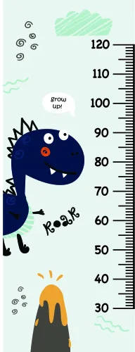 A blue cartoon monster with a grumpy expression stands next to a height measurement scale marked from 50 to 120 centimetres, with decorative clouds and a volcano illustration.