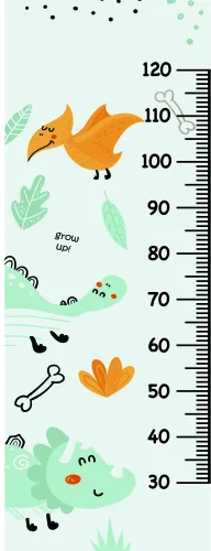 A vertical height chart from 30 to 120 centimetres featuring an orange bird at the top and various woodland creatures including a crocodile, hedgehog, frog, fish and leafy plants arranged along the measurement scale.