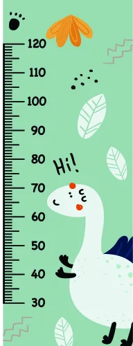 A white llama with an orange tuft of hair on its head stands against a mint-green background next to a height measurement scale marked from 30 to 120 centimetres, surrounded by orange flowers and white leaves.