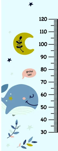 A pastel-coloured height chart featuring a smiling blue whale, crescent moon with botanical sprigs, small stars, and a measurement scale from 30 to 120 centimetres.