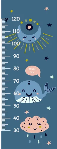 A vertical height chart featuring a smiling moon face at top, clouds in the middle, and a rain cloud at bottom, with stars scattered throughout on a blue background.