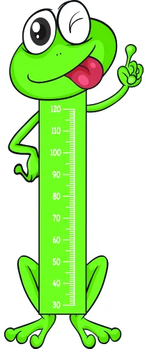 A cartoon frog with bright green skin, oversized eyes, pink tongue sticking out, and one hand raised in a peace sign, with a vertical measurement scale printed down its body from 0 to 160 centimetres.