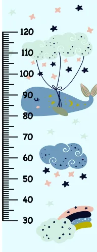 A height chart showing a blue whale with stars and clouds above it, and a smaller whale cloud below, marked with measurements from 30 to 120 centimetres.