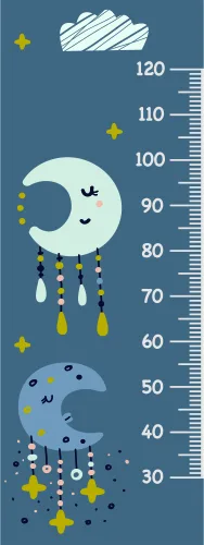 A height chart featuring a smiling crescent moon with closed eyes on a navy background, topped with a fluffy white cloud, surrounded by gold and yellow stars and small decorative elements.