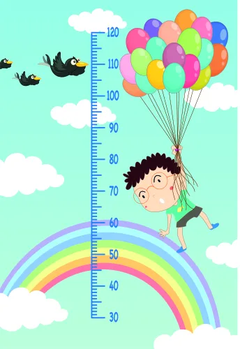 A cartoon illustration of a smiling child holding a large bunch of colourful balloons while standing on a rainbow, with a height measurement scale running vertically alongside them and white clouds scattered across a pale blue background.
