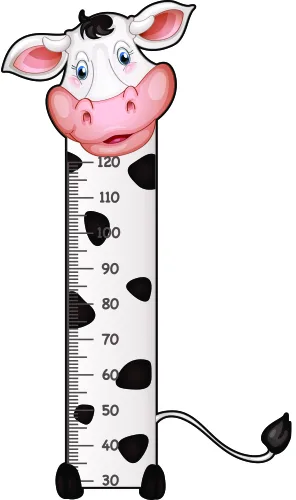 A cartoon cow with pink face and inner ears, blue eyes and black spots on its white body, standing beside a vertical measurement scale marked from 30 to 120 centimetres.