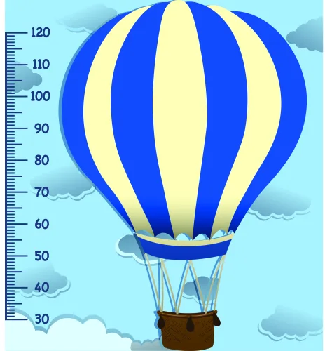 A blue and cream striped hot air balloon with a brown basket floats against a light blue sky with clouds, with a height measurement scale running vertically along the left side.