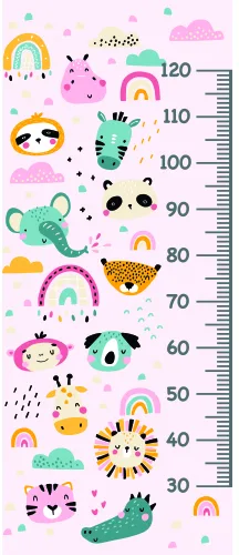 A colourful height chart featuring cartoon animals, rainbows, insects and smiling creatures arranged vertically with measurement markings from 30 to 120 centimetres.