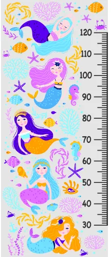 A colourful height chart featuring cartoon mermaids, seahorses, fish, and starfish in pastel purple, pink, blue and yellow tones, with measurement markers from 30cm to 120cm.