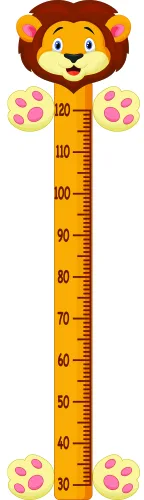 A cartoon lion head with a golden-yellow body serves as the top of a height measurement chart marked with centimetre increments, with large pink paw pads positioned on either side.