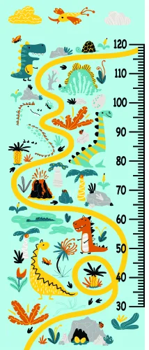 A vertical height chart featuring colourful illustrated sea creatures, birds, and animals arranged along measurement markers from 60 to 120 centimetres against a light blue background.