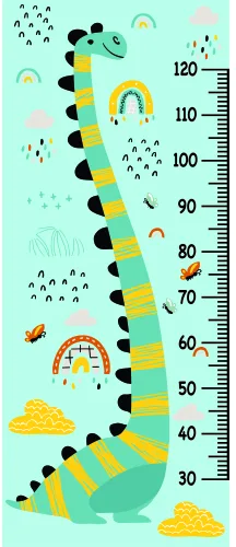 A mint-green height chart featuring a segmented yellow and teal dinosaur with a black spine, surrounded by small rainbows, rain drops, clouds and a bug, with measurement markings from 30 to 120 centimetres.