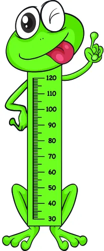 A bright green cartoon frog with large eyes and protruding tongue stands upright as a height measurement chart marked from 30 to 120 centimetres, with the frog giving a peace sign.