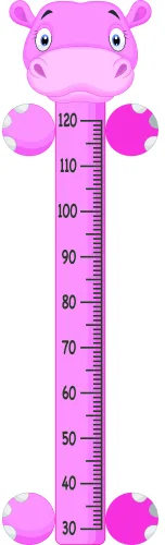 A bright pink cartoon hippopotamus with outstretched arms and legs frames a vertical height measurement scale ranging from 30 to 120 centimetres.