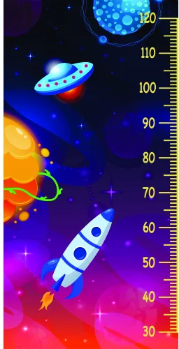 A vertical height measurement chart featuring a cartoon rocket launching upward with planets, stars and a moon against a vibrant gradient background in shades of purple, pink and blue.
